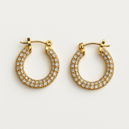 Close-up of Aros Novina gold-tone crystal-embellished hoop earrings on white background.
