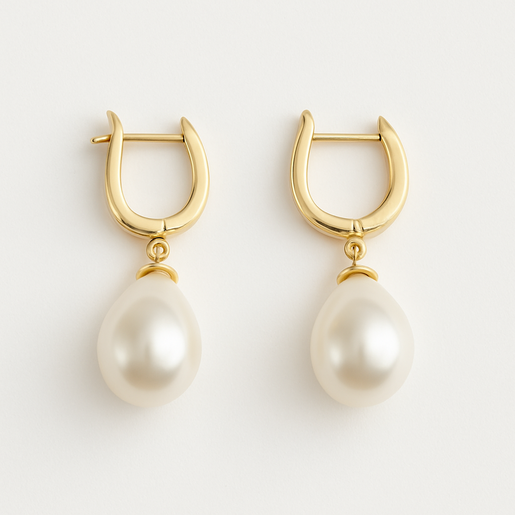 Close-up of The Amara Earrings with gold hoops and radiant pearl drops on white background.