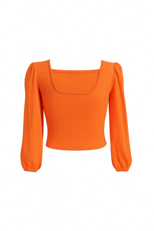 Front view of The Scarlet Allure Top by EMPIECE™, a vivid orange square-neck blouse with long gathered sleeves and a softly fitted silhouette.