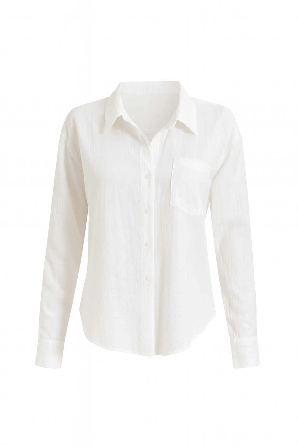 Front view of The Clarity Whisper Top by EMPIECE™, a crisp white oversized button-down blouse with long sleeves, pointed collar, and chest pocket.