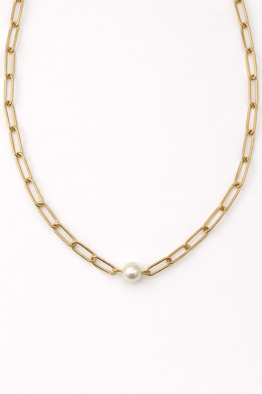 The Margaux Necklace featuring a gold paperclip chain with a single pearl accent on a white background, EMPIECE™. 