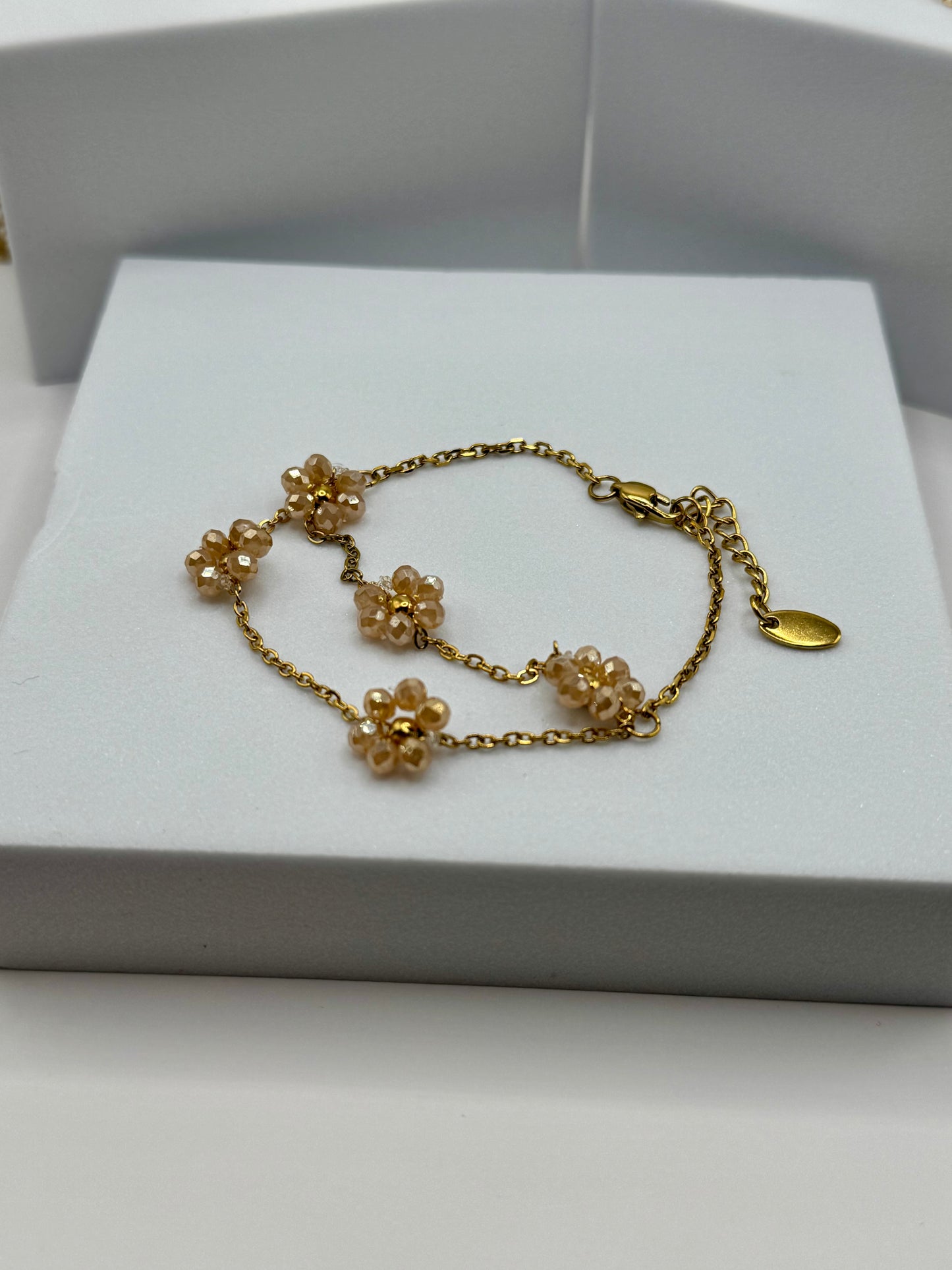 Pink floral chain bracelet with gold links and adjustable clasp, The Fleurette Bracelet by EMPIECE™